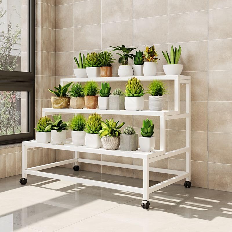 LAKIQ 3-Tiered Metal Plant Stand with Wheels Rolling Rectangle Plant Display Shelf Rack Indoor Outdoor Movable Flower Stand Shelf for Balcony Patio Garden (Black, 47.2" L x 24" W x 30" H) - Image 6