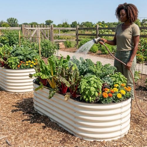SnugNiture 4x2x1.5ft Raised Garden Bed Outdoor, 17" Tall Galvanized Metal Planter Box, Oval Raised Garden Bed Kit for Planting Vegetables Plants Fruits, Beige White - Image 2