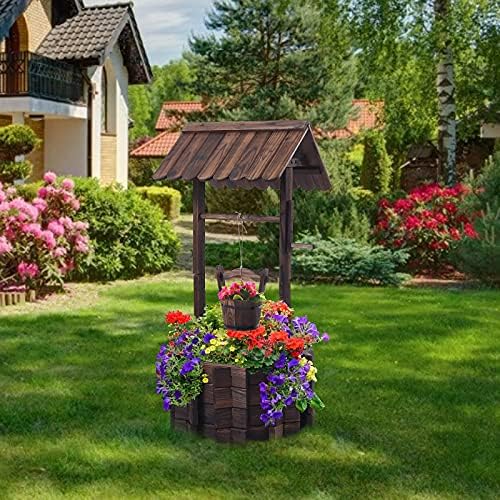 Notume Garden Wooden Decor Rustic Wishing Well Planter Outdoor Home Décor for Patio, Upgrade Wishing Well Garden, Yard Hanging Bucket Patio Lawn Backyard Home Decor - Image 5
