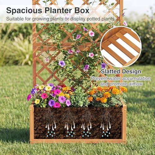 S AFSTAR Wooden Raised Garden Bed with Trellis, 63" Tall Planter Box with Drainage for Vines Climbing Plants Flowers Herbs, Elevated Gardening Planter for Backyard, Balcony & Patio - Image 5