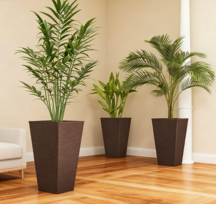 Tall Rattan Style Planters, Set of 3, 24 Inch, Brown by Noeko