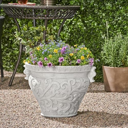 Christopher Knight Home Armis Round Concrete Planter, Indoor Outdoor Garden Plant Pot with Drainage Hole, Floral Relif Patio Urn Planter for Front Porch/Backyard, Outdoor Planter Box, Antique White - Image 3