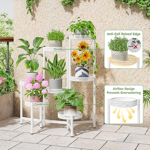 7 Tier Plant Stand Indoor Outdoor, Corner Tiered Plant Stands, Planter Display Rack for Multiple Plants, Wrought Iron Flower Stand, Folding Tall Plant Rack Shelf for House Patio Garden - WhiteWave - Image 4