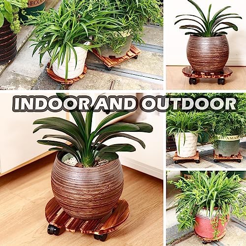 5 Pack Plant Caddy with Wheels Heavy Duty 13.5 Inch Wooden Plant Stand on Wheels Plant Dolly Rolling Plant Stand Plant Roller with Casters for Indoor and Outdoor with 5 Pack Plant Saucers, Round - Image 3