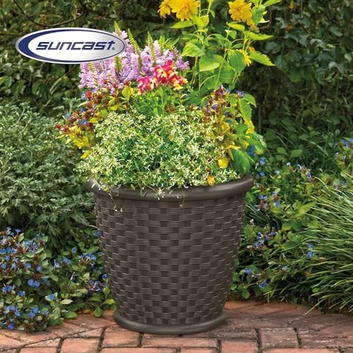 Suncast Sonora 4 Pack 22 Inch Plastic Wicker Indoor or Outdoor Decorative Garden Flower Planter for Entryways, Porch, and Backyard Patios, Dark Brown - Image 6