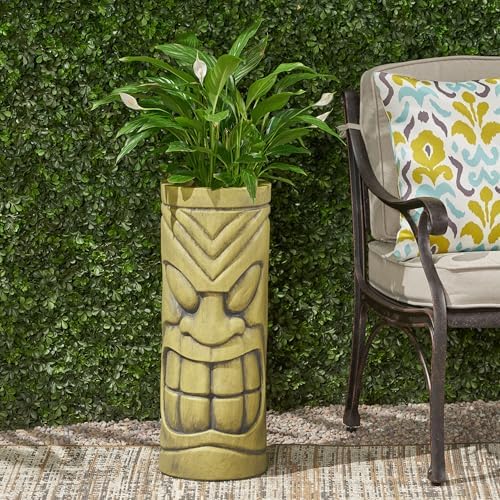 Christopher Knight Home Jorine Lightweight Concrete Planter, Cast Stone Planter, Tiki Totem Urn, Tall Plant Pot, Polynesian Garden Pot with Drainage Hole for Backyard Hall Garden, Antique Green - Image 2