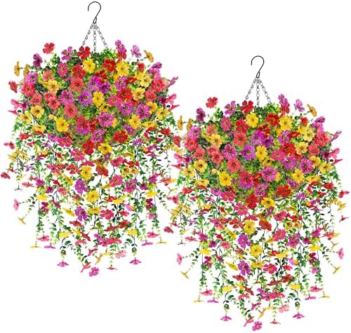 Der Rose 2Pcs Artificial Hanging Flower Basket for Outdoors Fake Hanging Flowers Plants with 4 Faux Silk Trailing Vines for Porch Patio Balcony Spring by DerRose