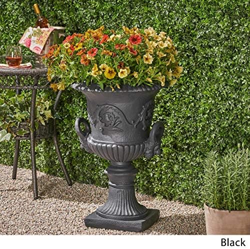 Great Deal Furniture GDFStudio Garden Urn Planter, Roman, Botanical, Black Lightweight Concrete - Image 3