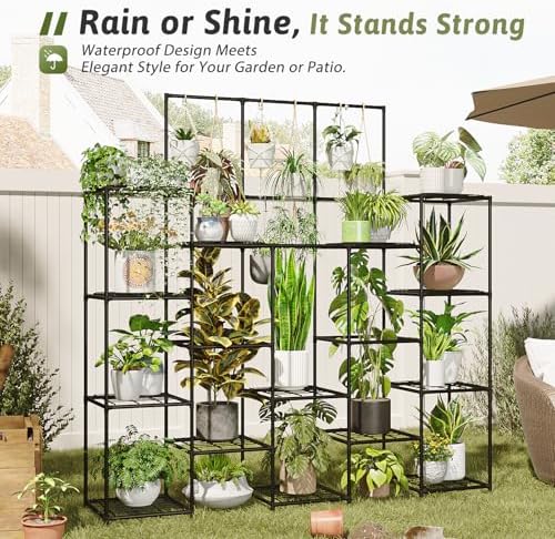 GENTINGBRO Metal Plant Stand Outdoor 63" Tall Plant Shelf for Plants 14-Tier Large Plant Sheves for Indoor Plants Living Room Heavy Duty Rack Garden Balcony Patio Hanging Planter - Image 3