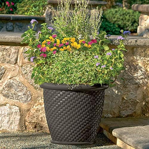 Suncast 18" x 16.5" Resin Planter - Lightweight Contemporary Flower Pot for Plants - Indoor and Outdoor Use, Home, Patio, Garden, - Herringbone Wicker, Dark Brown - Image 3