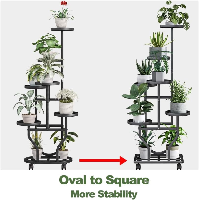Plant Stand with Wheels, Black 6 Tier Metal Plant Shelf for Indoor Outdoor - Image 3
