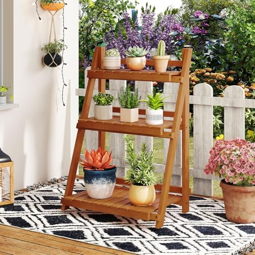 GIANTEX Foldable Ladder Plant Shelf, 3-Tier Solid Wood Indoor Outdoor Flower Pot Display Rack, Corner Storage Bookshelf, Freestanding Tiered Plant Stand for Garden Patio Balcony, No Assembly - Image 3