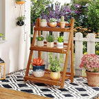 GIANTEX Foldable Ladder Plant Shelf, 3-Tier Solid Wood Indoor Outdoor Flower Pot Display Rack, Corner Storage Bookshelf, Freestanding Tiered Plant Stand for Garden Patio Balcony, No Assembly - Image 3
