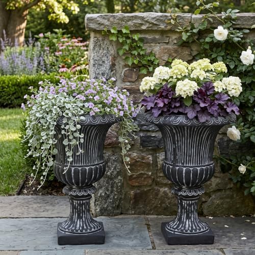 Christopher Knight Home Kyra 24.02" H Classical Urn Planters Set of 2, MGO Round Outdoor Flower Pots, Weather-Resistant Outdoor Planter for Backyard, Fluted Relief Pedestal Planter Pot, Antique Black - Image 3