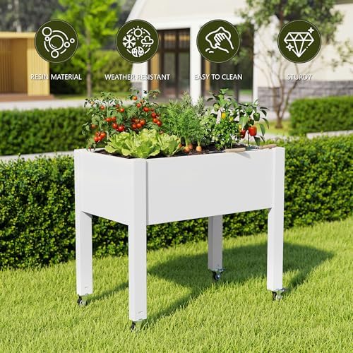 Raised Garden Bed with Wheels, Resin Elevated Planter Box, White - Image 5