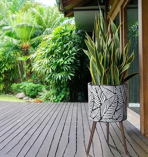 D'vine Dev 16 Inch Planter Pot with Wood Stand, White/Grey, 88-L-E-7 - Image 2