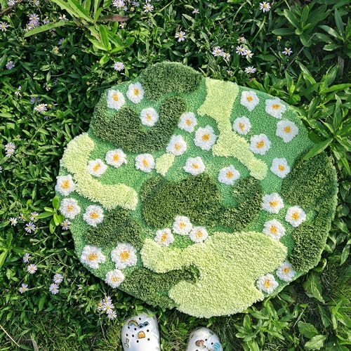YIKUSH Moss Rug, Cute Green Plant Bath Mat with White Flowers, 29x26 Inch - Image 5