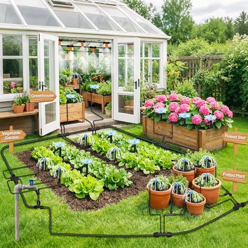 MIXC 250FT Drip Irrigation System Kit, Quick-Connect Garden Misting Watering System with 1/2” 1/4” Tubing Adjustable Nozzles Sprinklers for Indoor Outdoor Garden Potted Plant Lawn Greenhouse - Image 6