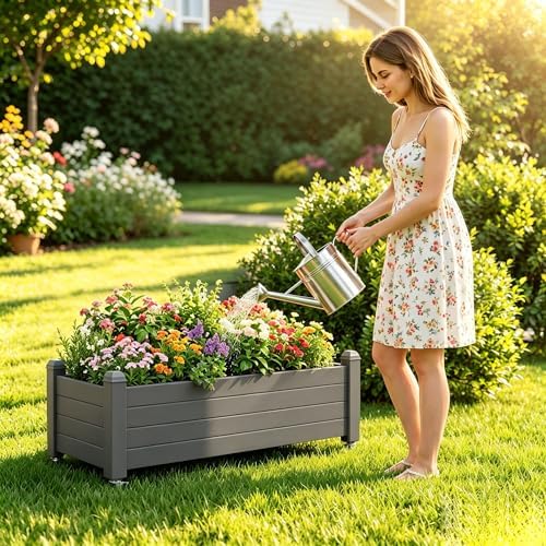 Raised Garden Bed with Wheels, Rolling Resin Planter Box, Gray - Image 3