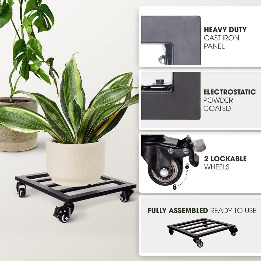 Idzo Plant Caddy with Wheels Lockable Heavy Duty Trolley Capacity 385 Lbs, Metal Cast Iron Plant Dolly, Plant Stand with Wheels Repositioning Heavy Pots 12Inch, Hauling Heavy Household Items - Black - Image 2