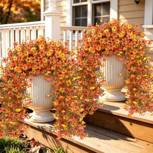 Artificial Hanging Flowers for Outdoors, 4 PCS 688-Bloom UV Resistant Mums by JulakoOnline