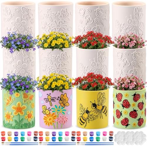 Zubebe 12 Pcs Paint Your Own Ceramic Pots Bulk Unfinished Succulent Pots Craft Kit with Drainage Hole Mini Paintable Plant Vase Ready to Paint Planter for Cactus DIY Craft (Insect) by Zubebe
