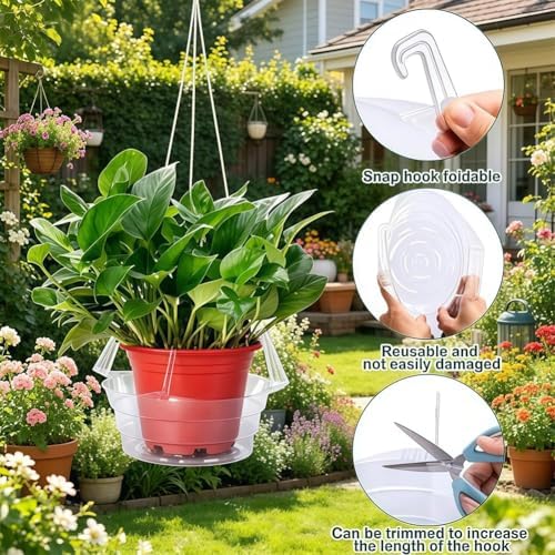 Plastics Hanging Basket Drip Pans (6-Pack) | Catcher-Clear, Round Hanging Plant Tray Saucer with Built-in 4 Pcs Hooks & Water Catcher for Indoor & Outdoor Hanging Basket Flower Pot - Image 5