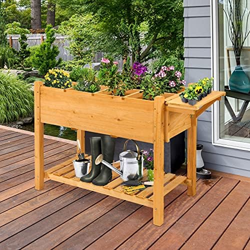 GIANTEX Planter Raised Bed, Elevated Raised Garden Box with 8 Grids and Side Work Table, Outdoor Wood Plant Container Backyard Patio (48.5" Lx21 Wx31.5 H) - Image 2