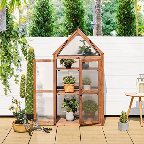 LDAILY Cold Frame Greenhouse, Wooden Raised Flower Planter Shelf w/ Triangular Top Grow Protection, Double Doors, Greenhouse Cabinet for Outdoor Patio Balcony Garden Backyard, 27" L x 16" W x 58" H by LDAILY