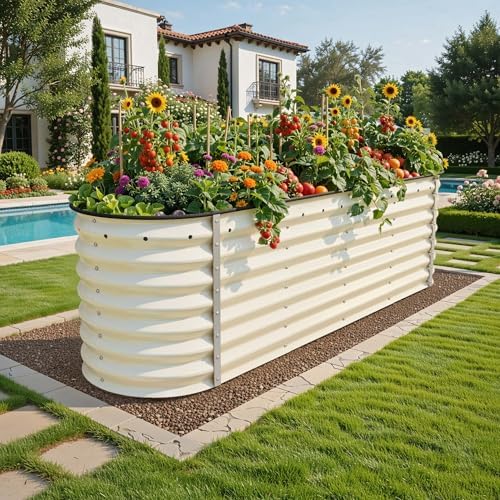 YITAHOME 8x2x2ft Large Raised Garden Bed Kit, 24" Tall 9 in 1 Galvanized Metal Planter Box with Gloves and Safety Rubber, Outdoor Above Ground Planters for Plants Vegetables Flowers, Cream Yellow - Image 2
