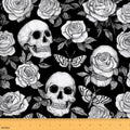 Sugar Skull Fabric By The Yard, Halloween Upholstery Fabric, Moth Rose Skeletons Decorative Fabric, Gothic Horror Leaves Indoor Outdoor Fabric, DIY Art Waterproof Fabric, Black White, 10 Yards by Erosebridal