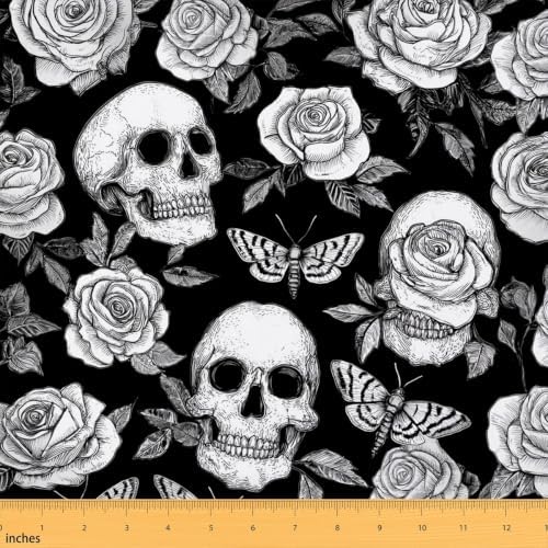 Sugar Skull Fabric By The Yard, Halloween Upholstery Fabric, Moth Rose Skeletons Decorative Fabric, Gothic Horror Leaves Indoor Outdoor Fabric, DIY Art Waterproof Fabric, Black White, 10 Yards by Erosebridal