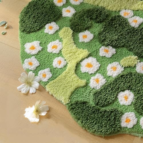 YIKUSH Moss Rug, Cute Green Plant Bath Mat with White Flowers, 29x26 Inch - Image 3
