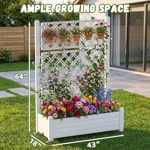 Vixzen Raised Garden Bed Elevated Planter Box Resin Outdoor Plant Stand with Wheels Climbing Trellis Drainage Water Gauge Gardening Patio(Off-White) - Image 3