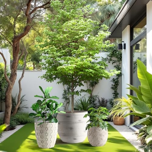 Round Concrete Style Planter Set of 3, Large Outdoor Flower Pots with Drainage, Stone Texture Plant Pots for Indoor Outdoor Garden, Patio & Balcony Décor (3, Stone White) - Image 3