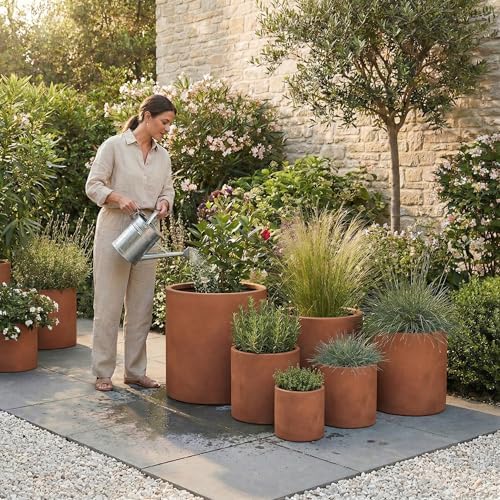 DTY Mount Powell 9.8" D x 9.8" H (Pot Opening 7.1") Fiberstone Cylindrical Planter with Drainage Hole, Weather Resistant for Indoor & Outdoor Use, Includes 2 Extra Coco Mats - Terracotta, Small - Image 4