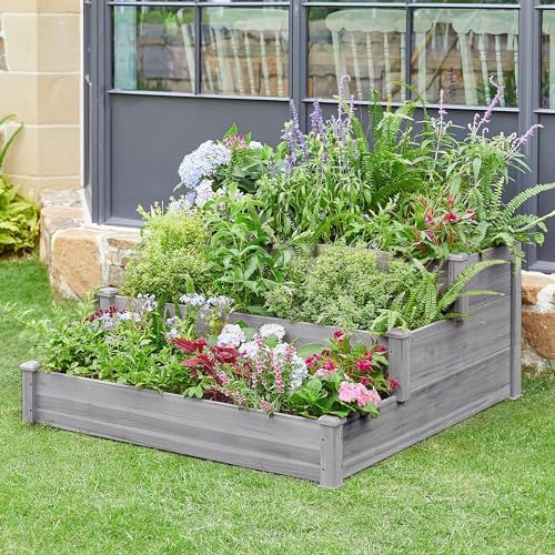 Topeakmart 3 Tier Raised Garden Beds Outdoor Wood Vertical Planter Box,Gray - Image 2