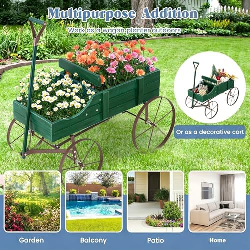 DORTALA Wood Wagon Planter, Outdoor Garden Flower Planter Cart with Wheels, Small Decorative Wood Raised Bed Plant Pot Box Stand for Backyard, Patio, Balcony, Green - Image 2