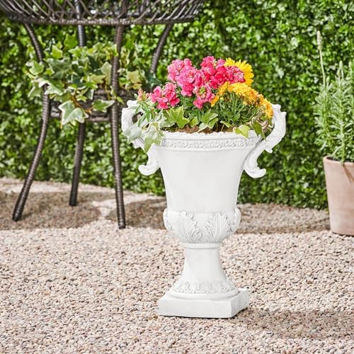 Christopher Knight Home Jorine Patio Planter, Light Concrete Planter, Mid-Centry Gadern Urn, Floral Relif Design, Large Garden Pot, Flower Urn with Drainage Hole for Backyard Home, Antique White by ChristopherKnightHome