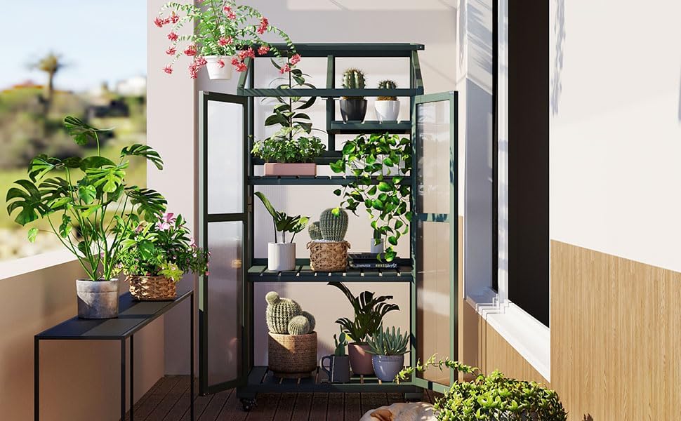 62 inch Green Wood Greenhouse with Wheels, Standing Greenhouse with 4 Shelves, Portable Cold Frame with Adjustable Shelves & Opening Roof Cold Frames for Winter Gardening Balcony Patio Garden - Image 7