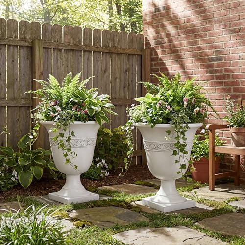 Christopher Knight Home Sical Round Concrete Planter Set of 2, 2 Pack Garden Flower Pot with Drainage Hole, MGO Patio Urn Planter for Outdoor Plants, Outdoor Planter Box, No Assembly, Antique White by ChristopherKnightHome