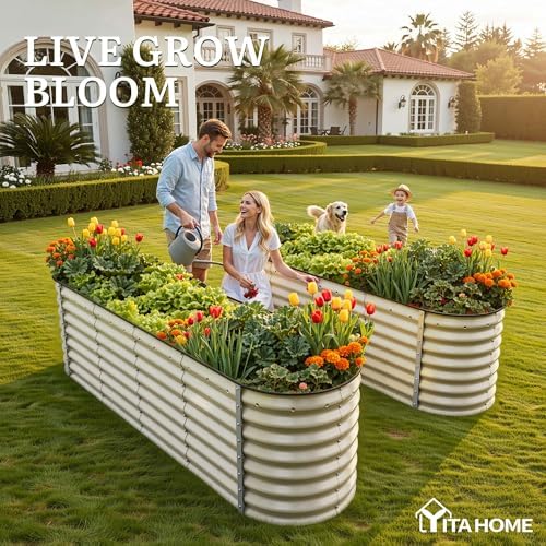 YITAHOME 8x2x2ft Large Raised Garden Bed Kit, 24" Tall 9 in 1 Galvanized Metal Planter Box with Gloves and Safety Rubber, Outdoor Above Ground Planters for Plants Vegetables Flowers, Cream Yellow - Image 3