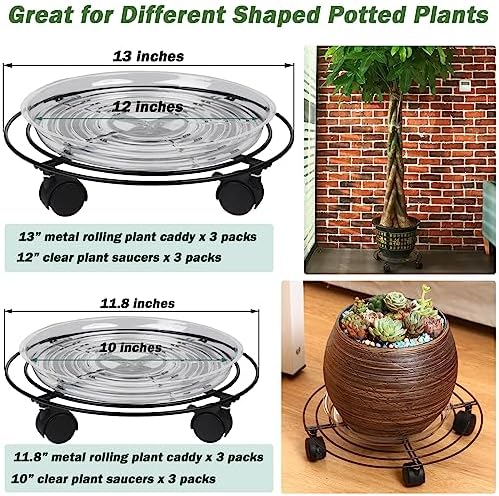 6 Packs Large Metal Plant Caddy with Wheels 13" and 11.8" Heavy-duty Wrought Iron Rolling Plant Stands with Casters Plant Dolly Plant Roller Base Indoor and Outdoor Plant Pot Movers Planter Rollers - Image 2