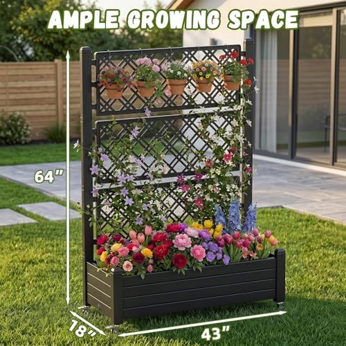 Vixzen Raised Garden Bed Elevated Planter Box Resin Outdoor Plant Stand with Wheels Climbing Trellis Drainage Water Gauge Gardening Patio(Black) - Image 3