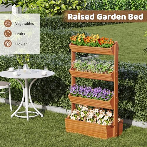 Wooden Raised Garden Bed Vertical Planter Box, Freestanding Plant Stand for Indoor Outdoor Plants, Herbs, Flowers, Vegetables, Gardening (Reddish Brown, 4-Tier，29.9 x 17.9 x 55in) - Image 3