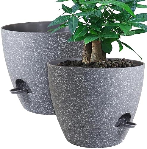 UOUZ 12inch 2Pack Large Self Watering Planters, Plastic Plant Pots with 60oZ Removable Deep Reservoir and Multi Mesh Drainage Holes for Indoor Outdoor Garden Plants and Flowers, Grey Speckles by UOUZ