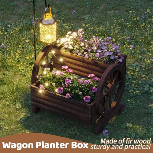 Wooden Wagon Planters for Outdoor Plants, Flower Cart, Wood Planter Boxes Outdoor, Backyard Decor, Flower Planters Outdoor with Wheels Planter for Flowers Vegetables (Carbonized) - Image 2