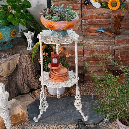 Sungmor Vintage Cast Iron 2-Tier Plant Stand, 24 Inch Tall Antique White - Image 4