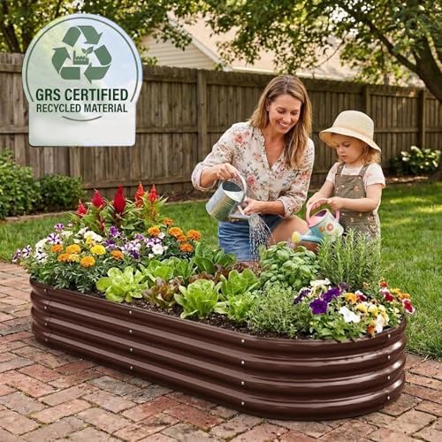 Rakukiri Raised Garden Bed GRS Certified Galvanized Planter Box Outdoor, 5ft Oval Rot-Resistant Metal Garden Bed Planter, Recycled Material Planter for Vegetables Flowers Herbs (Brown) - Image 2