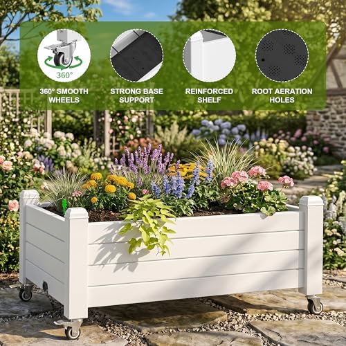 Outdoor Raised Garden Bed Elevated Planter Box Resin Plant Stand with Wheels Legs Water Gauge Drainage Patio Gardening Off-White - Image 7